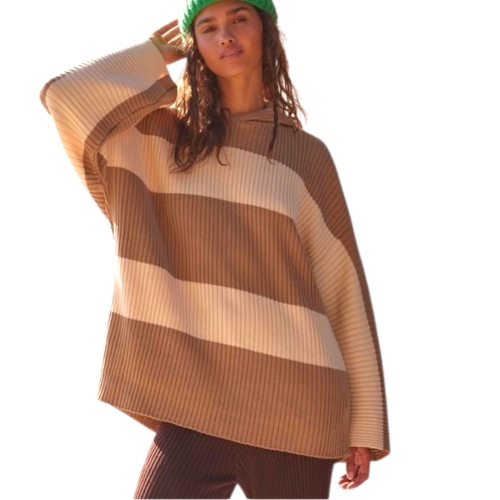 Free People Beach Kami Hoodie Sweater Brown Cream Stripe Oversized XS NWT